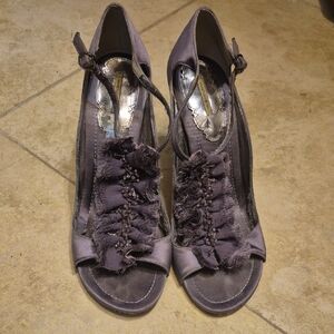 MAX STUDIO satin Beaded Chiffon Ankle Strap Heels 6.5 Dusty Lilsc Open Toe Shoes